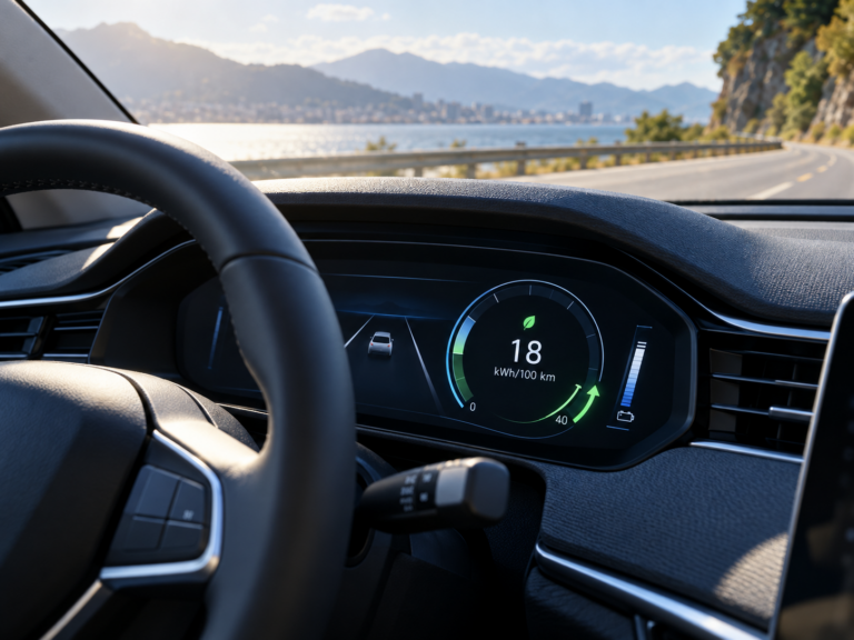 Tablero de un vehículo eléctrico que muestra un consumo de 18 kWh por 100 km y regeneración de energía.